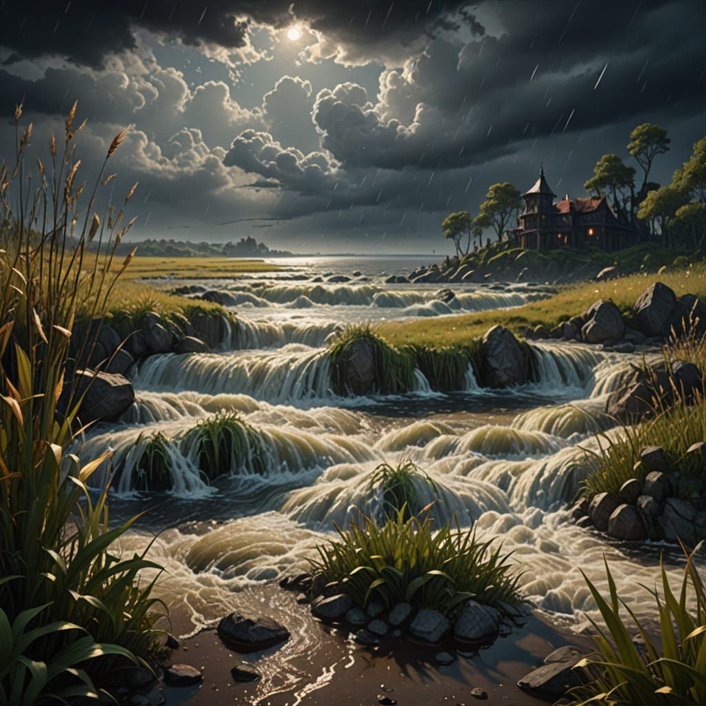 Rainstorm Over Lake: Detailed Matte Painting