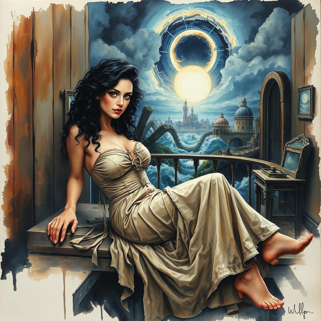 in a worn, long gown, amidst Salvation Dali's surreal, melting oil