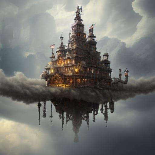 Steampunk Castle in Sky with Photorealistic Clouds