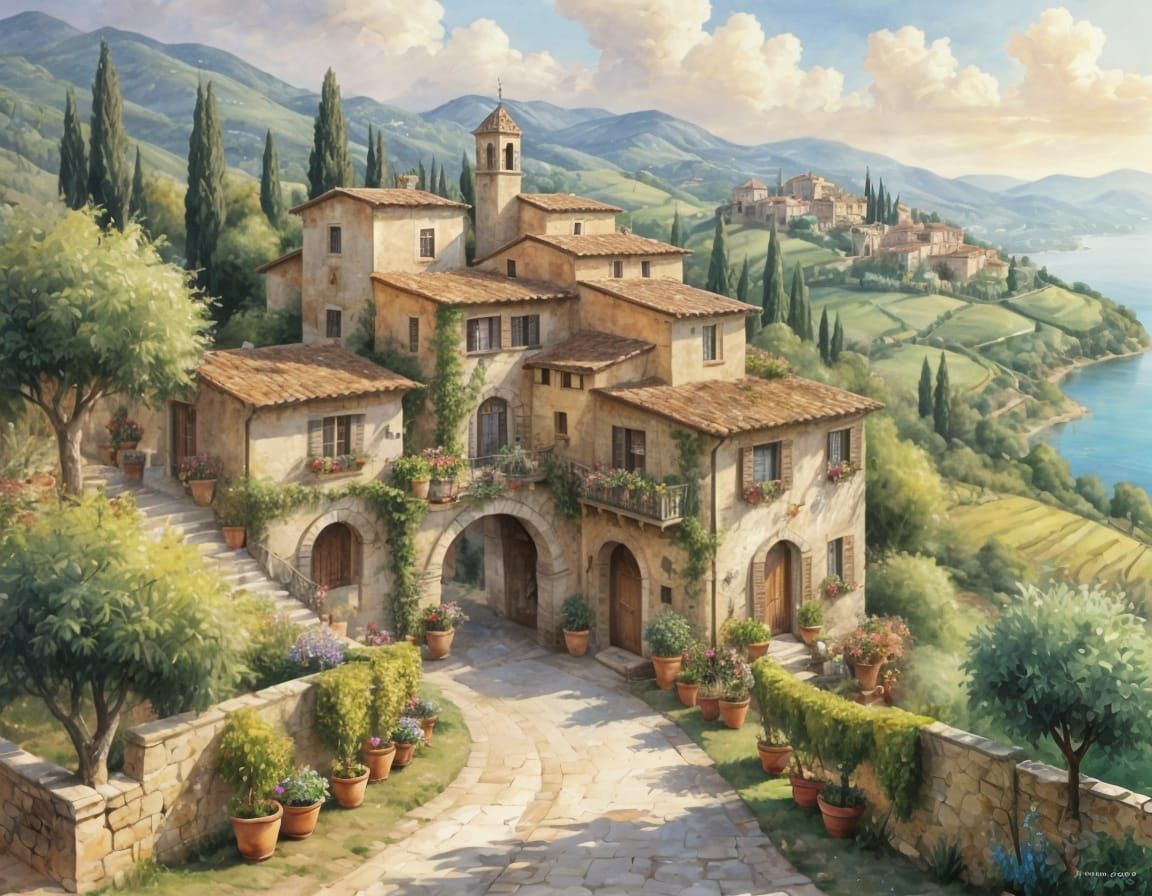 Tuscan Village Watercolor Masterpiece