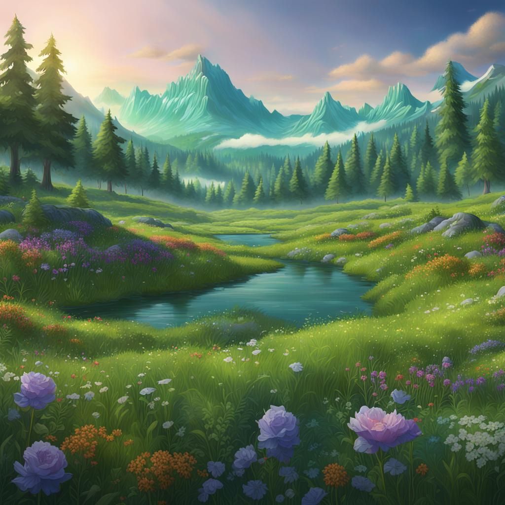 Lush Meadow Landscape with Mountains, Matte Painting