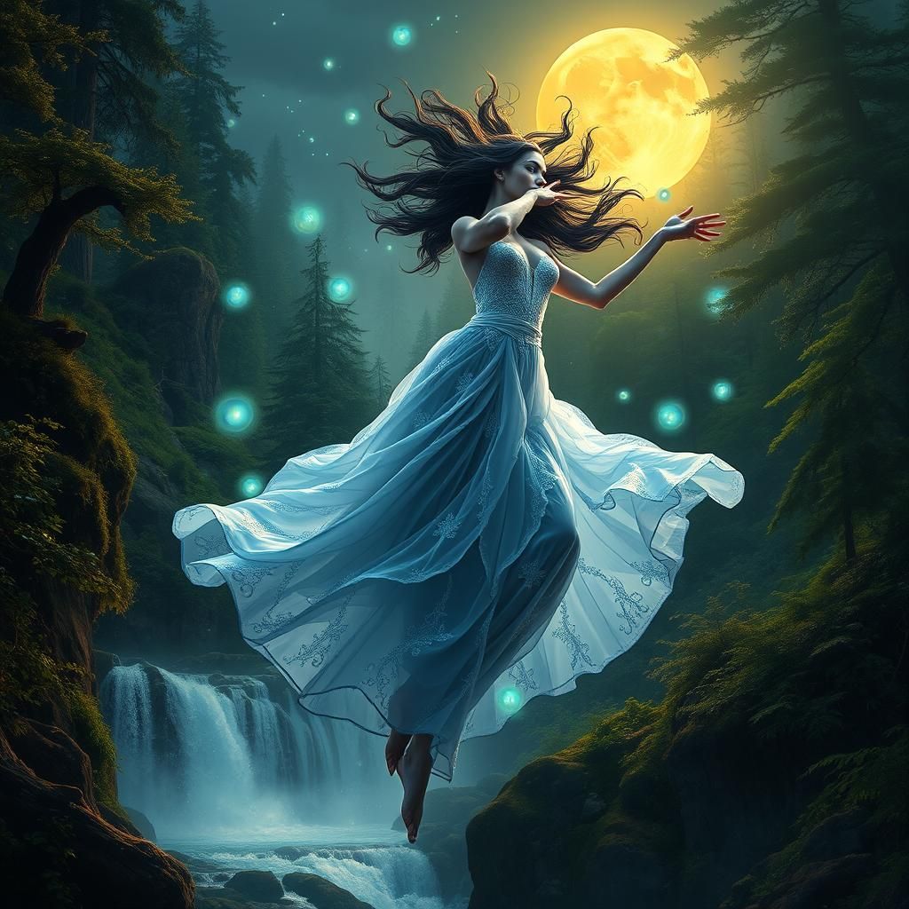 Ethereal Dancer Above Waterfall in Hyperrealistic Style