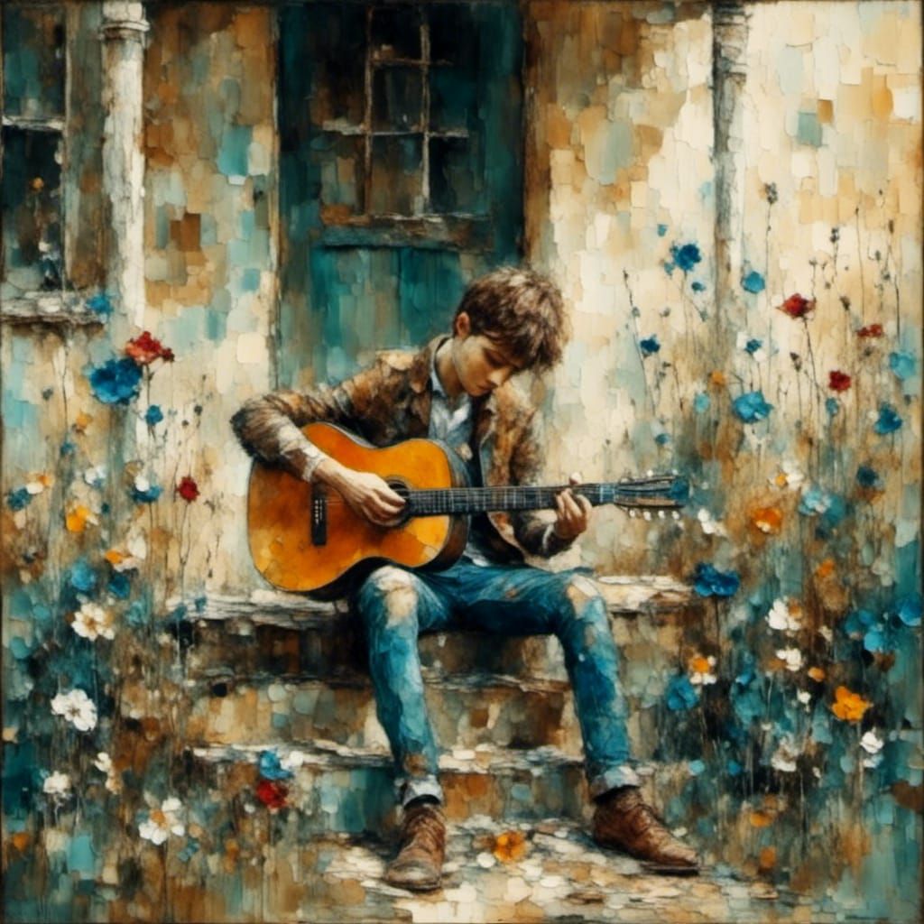 Young Man Strums Guitar in Retro Americana Style