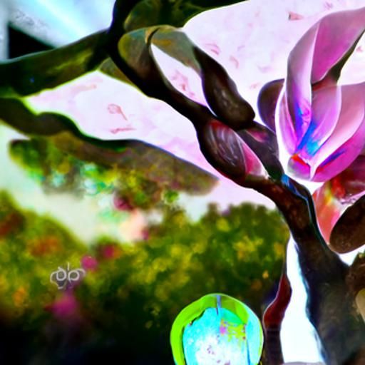 Holographic Magnolia Tree: Cosmic Mixed Media Illustration