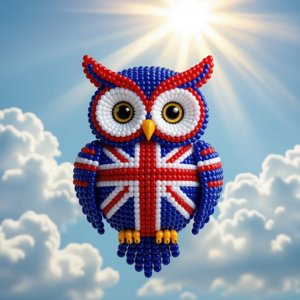 English Flag Owl Made of Beads with Magical Background