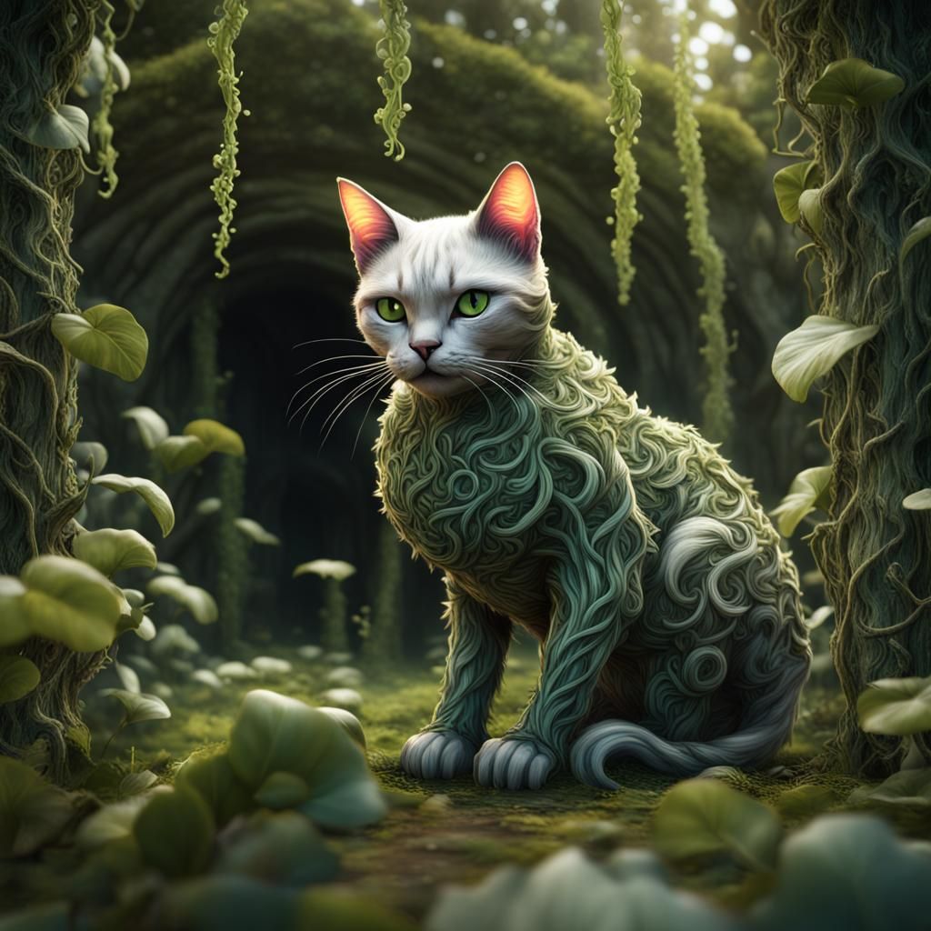 Botanical Cat: Vines and Plantation in Detailed Painting