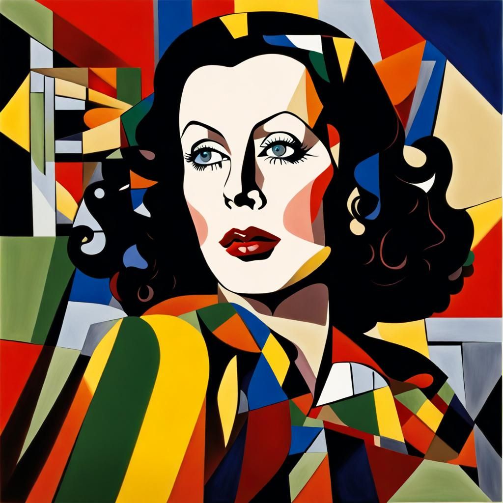 Hedy Lamarr Portrait with Cascading Reflections in Cubism St...