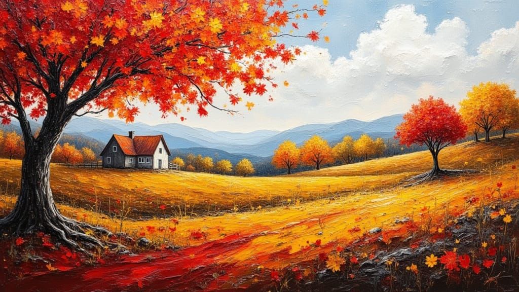 October Rural Landscape Oil Painting in Neo-Impressionist St...