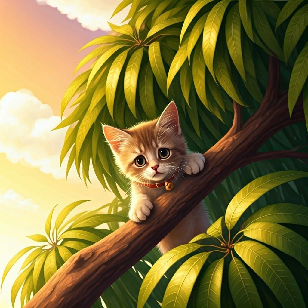 Kitten's Perilous Descent: A Whimsical Watercolor Scene