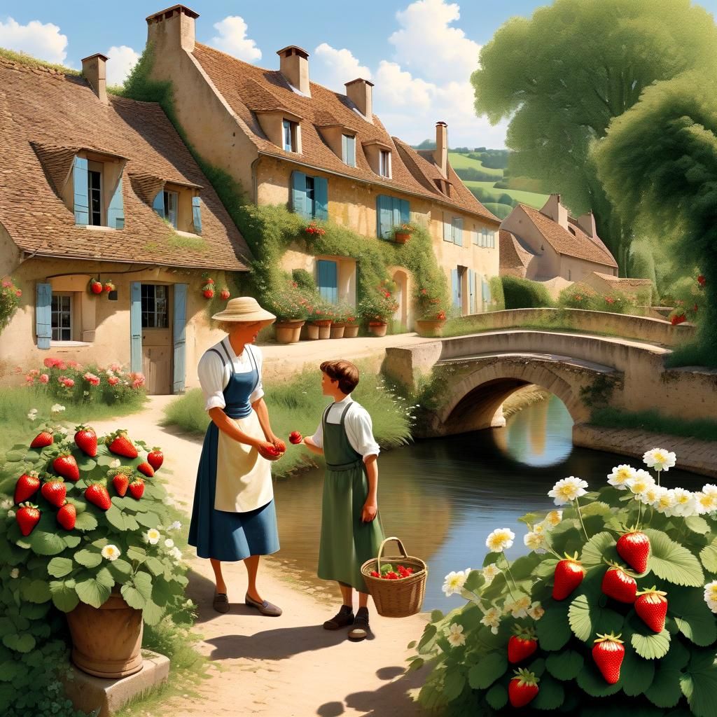 French Village: Woman and Boy with Strawberries