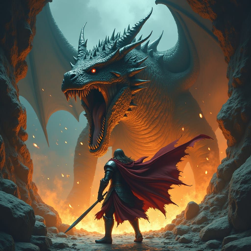 Rilian Slaying Dragon in a Fiery Cavern