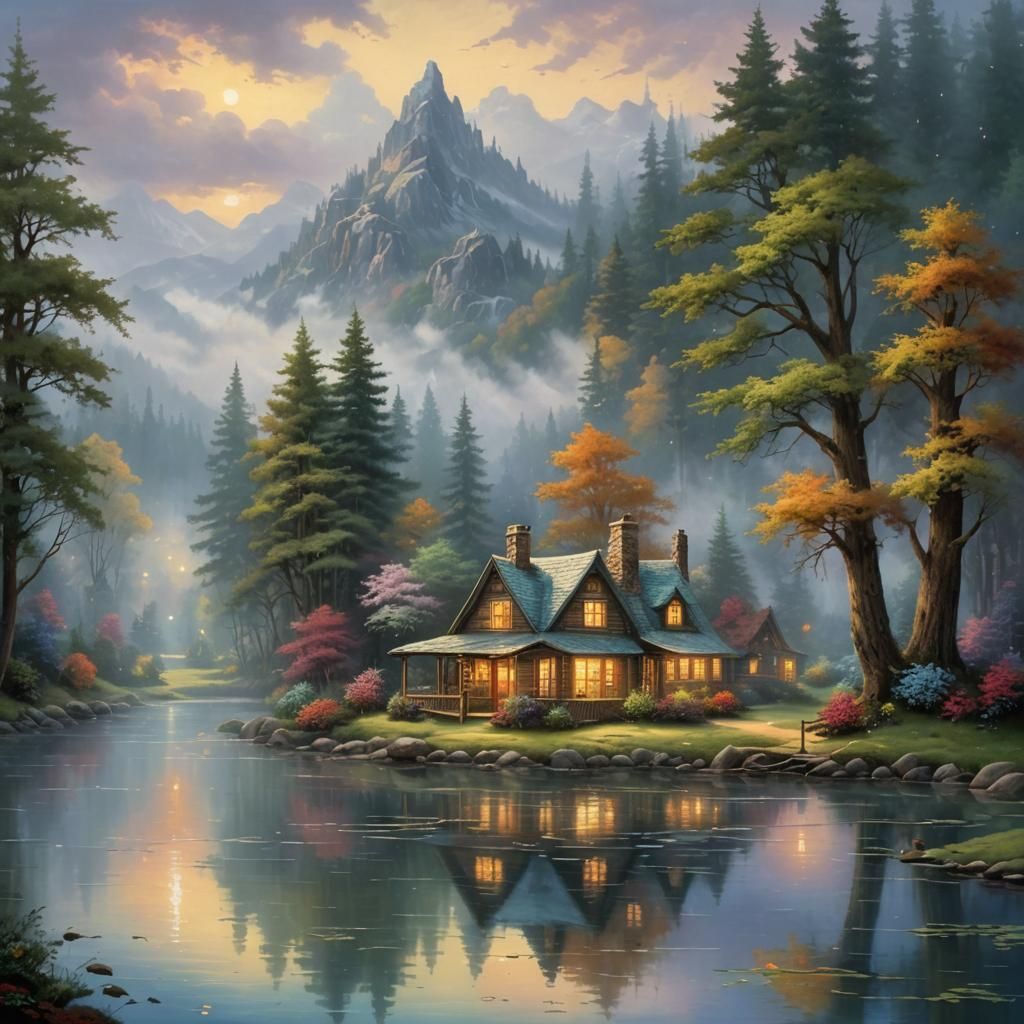 Ethereal Lakeside Cabin in Kinkade Style