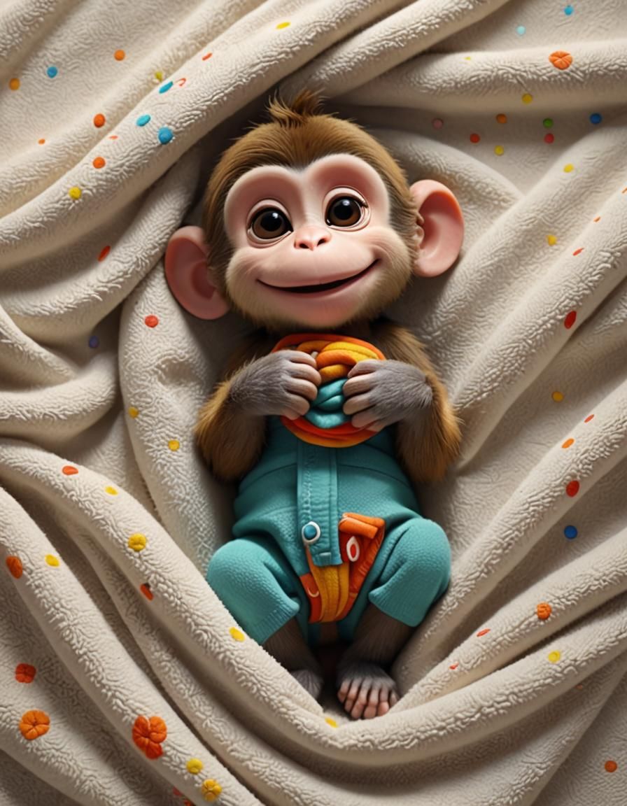 Adorable Cartoon Monkey Sleeping in Bed: 3D Render