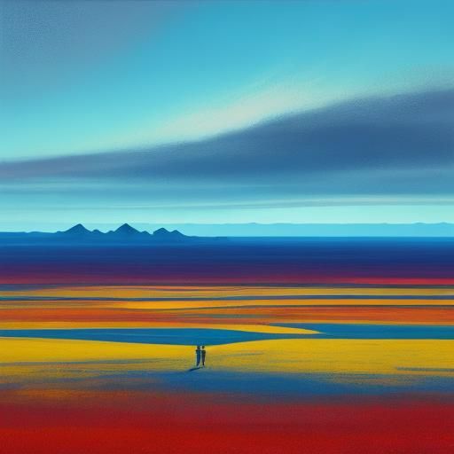 Surreal Oil Painting of Distant Figures in Landscape