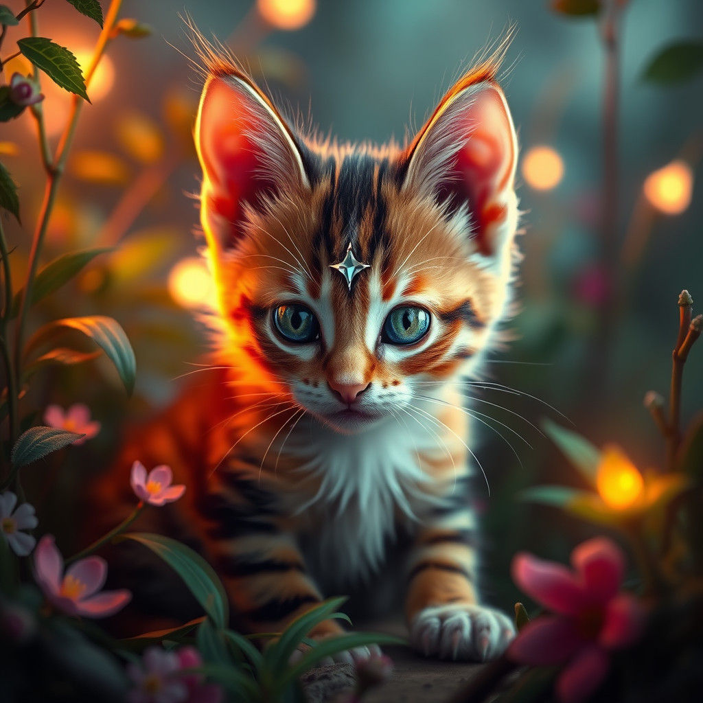 Calico Kitten with Star Mark in Dreamlike Digital Art