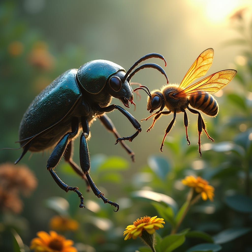 Beetle Battles Wasp in Mid-Air, Iridescent Exoskeleton Shini...