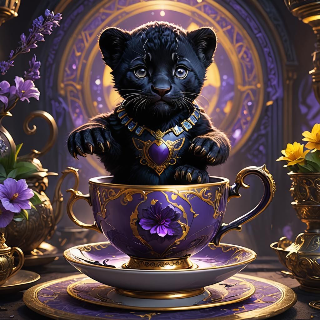 Black Panther Cub in Teacup: Dark Fantasy Art