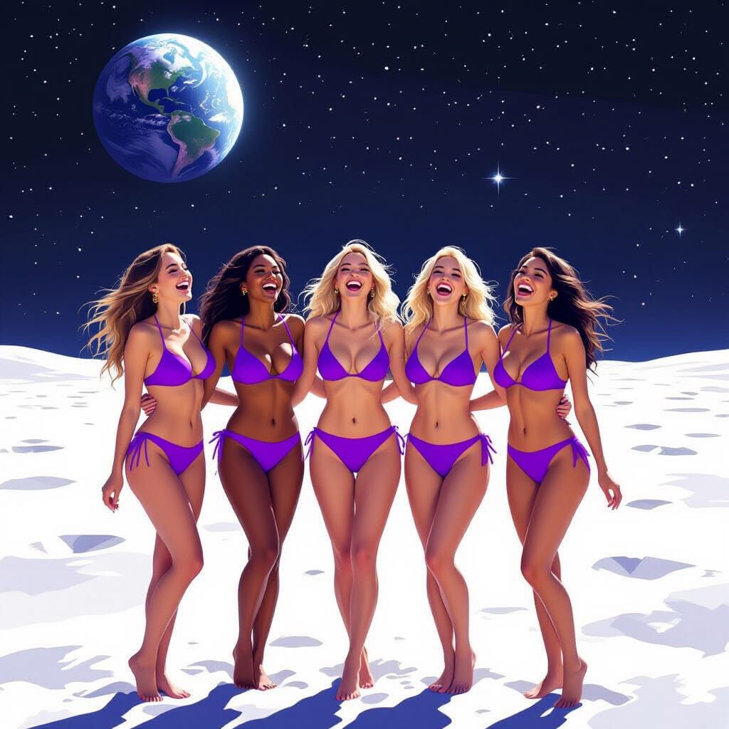 Women in Violet Bikinis Laughing on the Moon