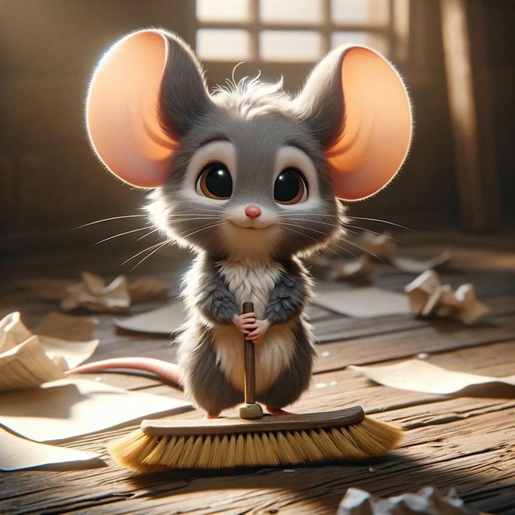 Whimsical Cartoon Mouse in Rustic Room