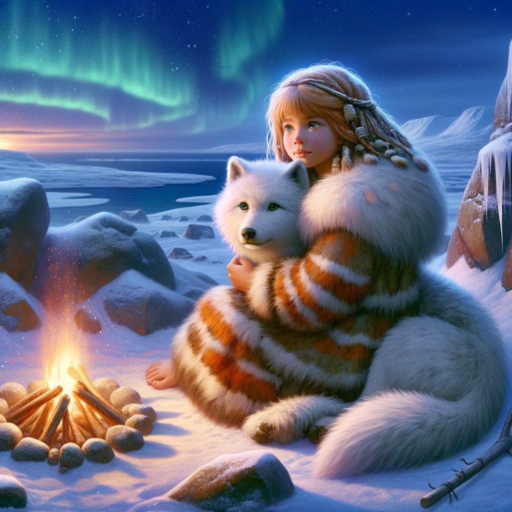Ice Age Girl Hugs Tame Wolf by Campfire