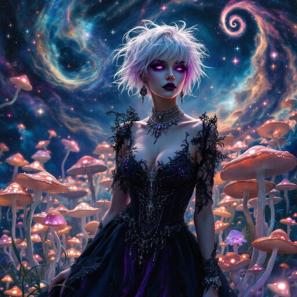 Gothic Fairy Amidst Bioluminescent Mushrooms in a Swirling N...