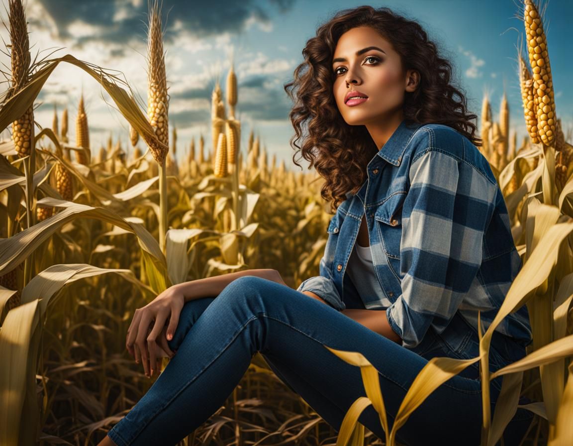 Woman in Cornfield: Hyperrealistic Concept Art