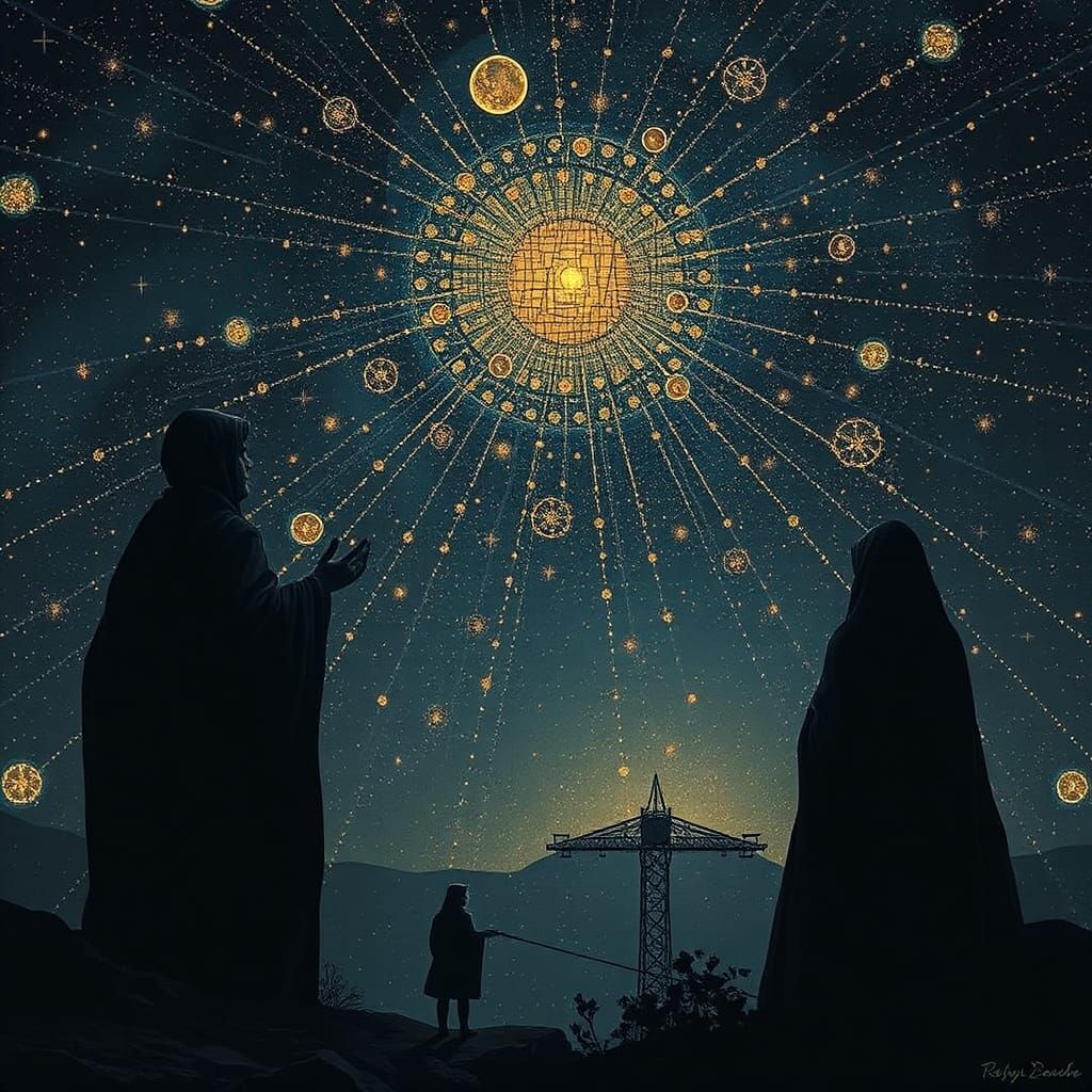 Cosmic Wandering Stars in Pointillist Concept Art