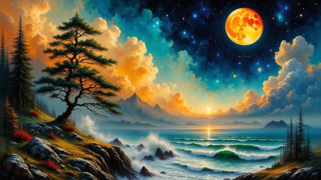 Majestic Pine Tree Under Harvest Moon in Dreamy Gouache