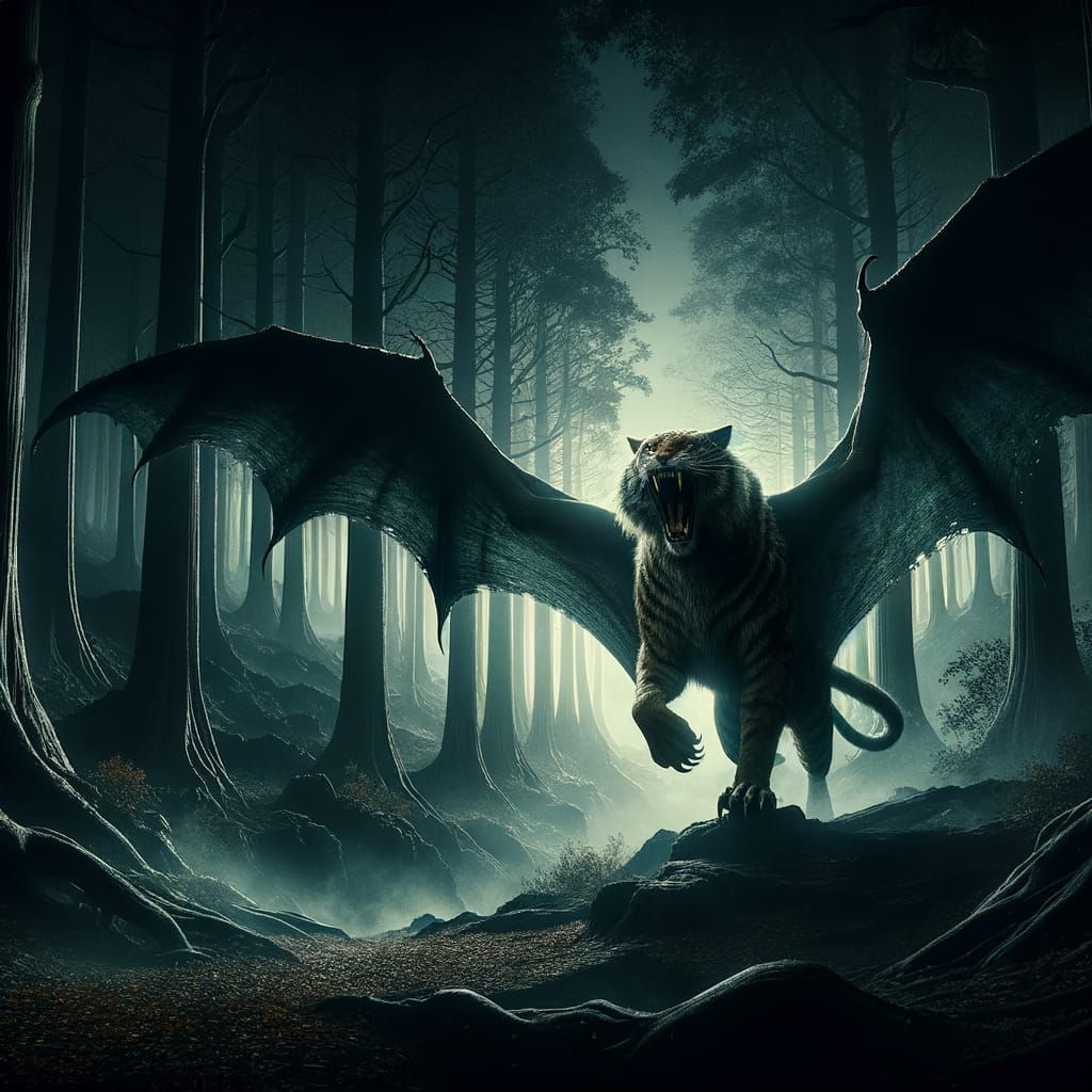 Dark Fantasy Tiger-Bat in Shadowed Forest