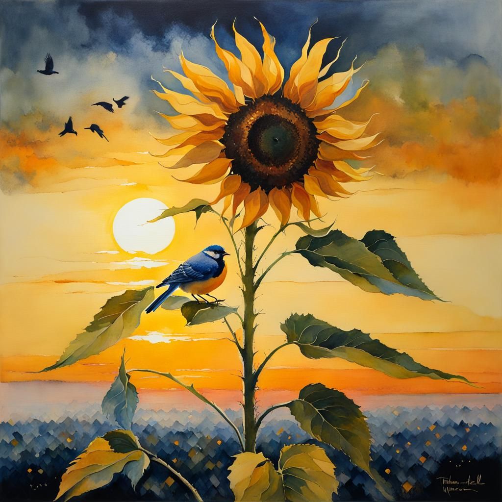 Sunflower and Bird at Sunset: Watercolor Art