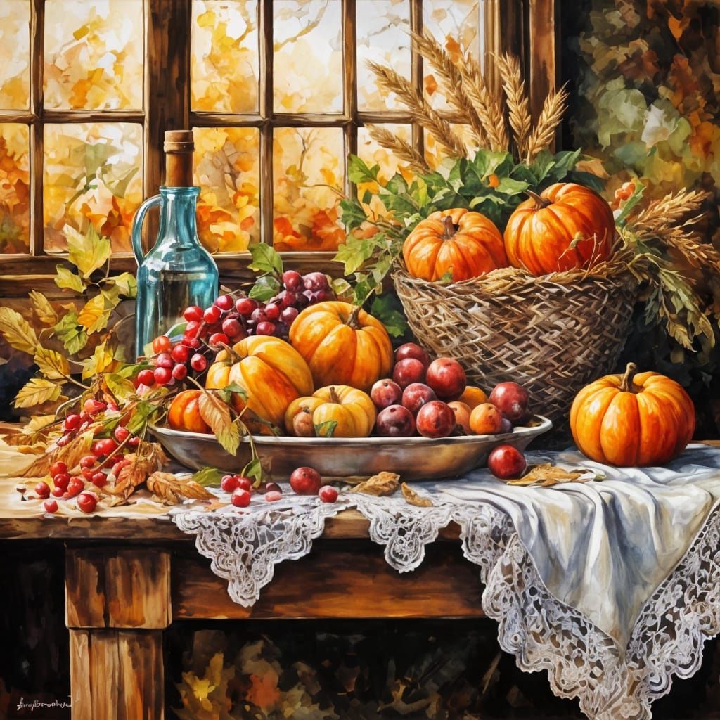 Autumn Farm Kitchen Scene With Fruit And Wheat
