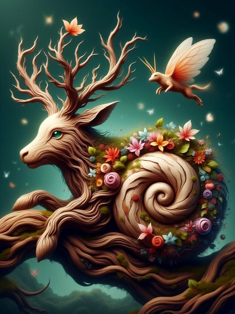 Magical Entropod Unicorns on Driftwood in Whimsical Art