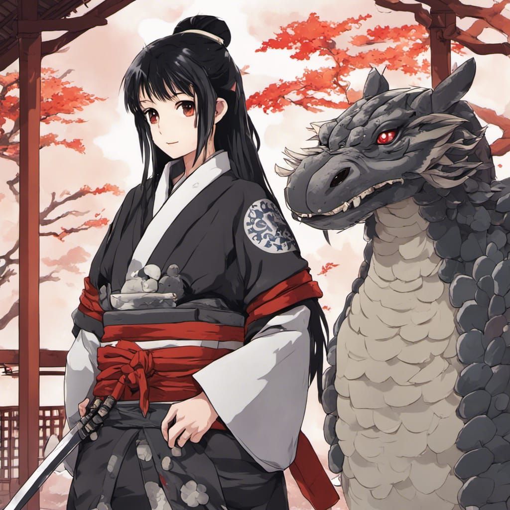 Samurai Girl and Kappa Encounter in Anime Style