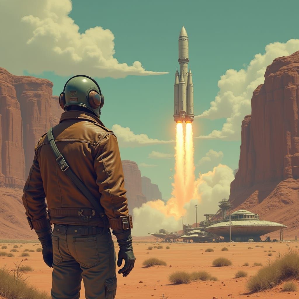 Pilot Watches Last Rocket Launch in Retro-Futuristic Style