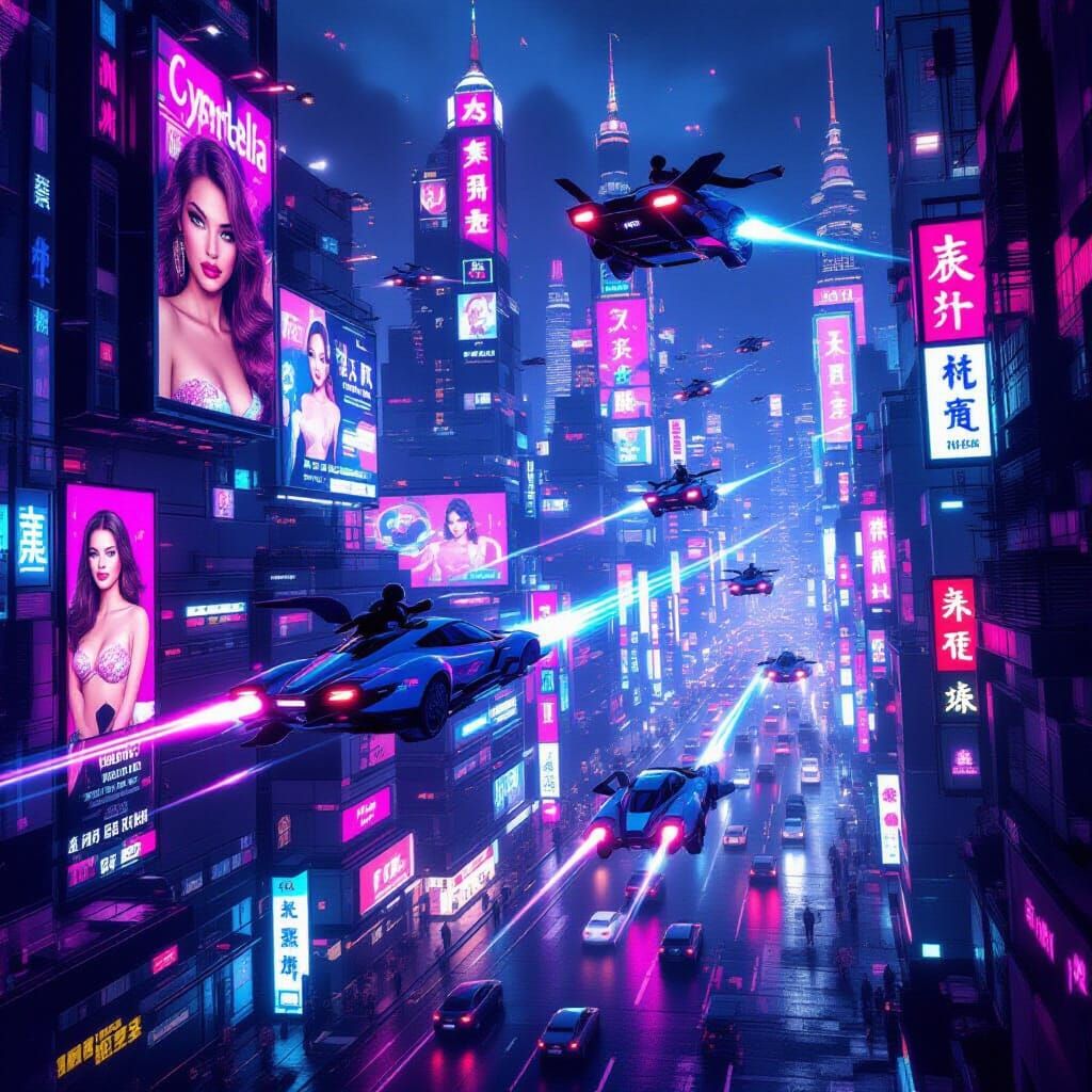 Cyberdelia Cityscape with Neon Lights and Flying Robots
