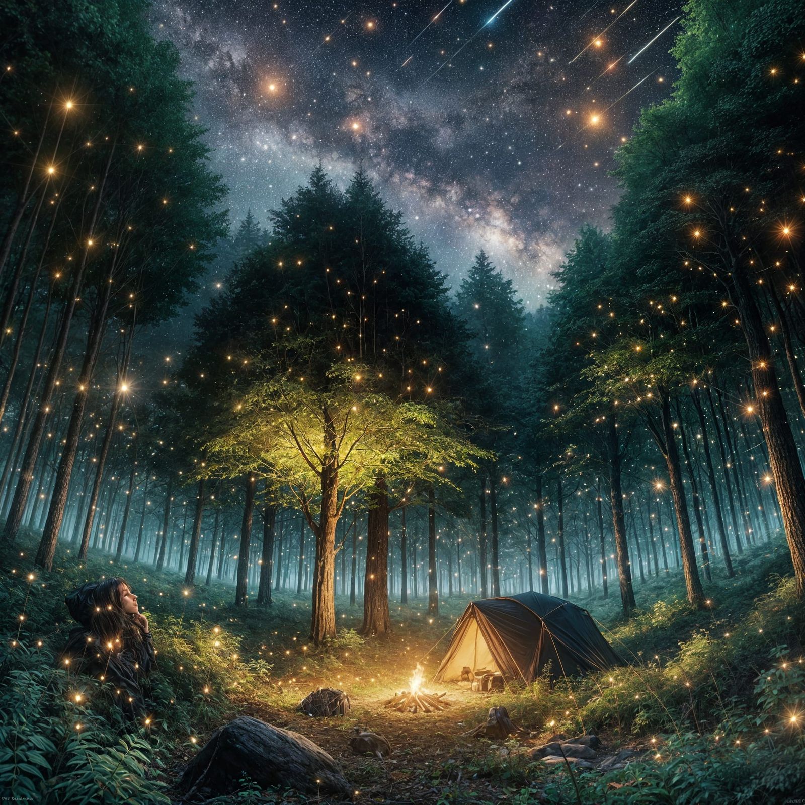 Enchanting Night Forest Camping in Anime Fantasy Style