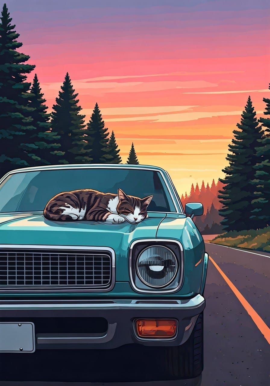 Cat Nap on Vintage Car: Digital Illustration