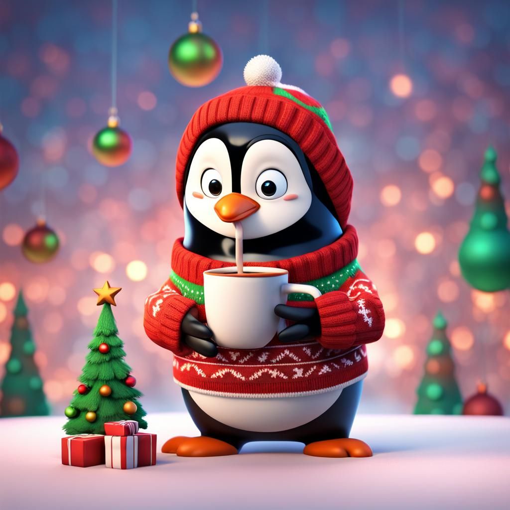 Festive Penguin in Ugly Christmas Sweater, 3D Render