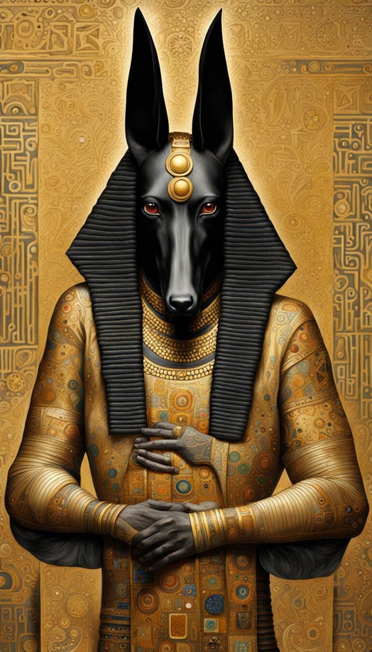 Hyperrealistic Anubis in Klimt Style