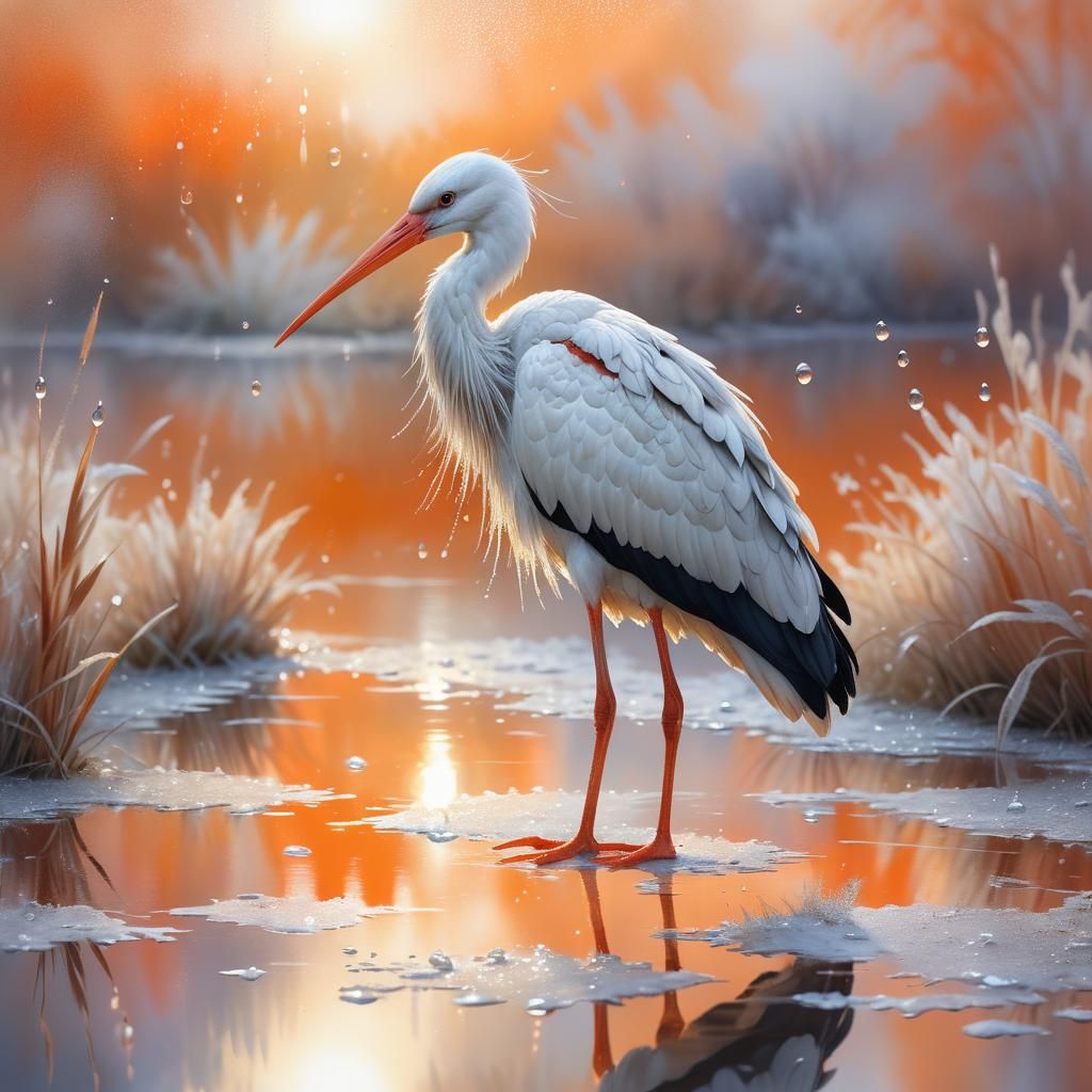 Soft Focus Whispy Stork Reflection in Orange Waters