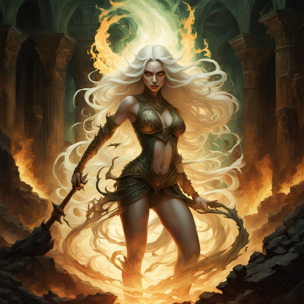 Demon Woman in Fiery Temple, Fantasy Art Style