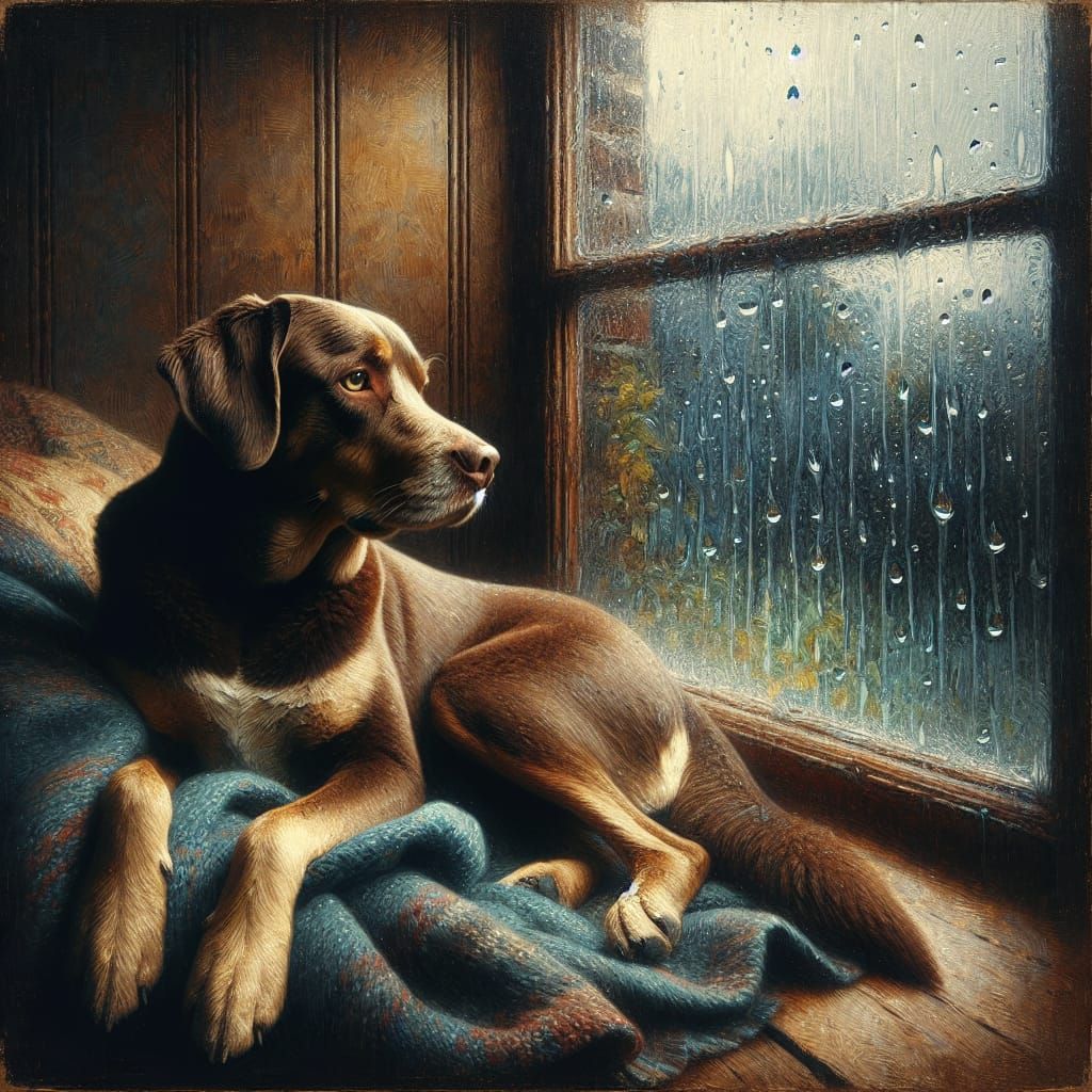 Dog Watching Rain: A Romantic Digital Painting