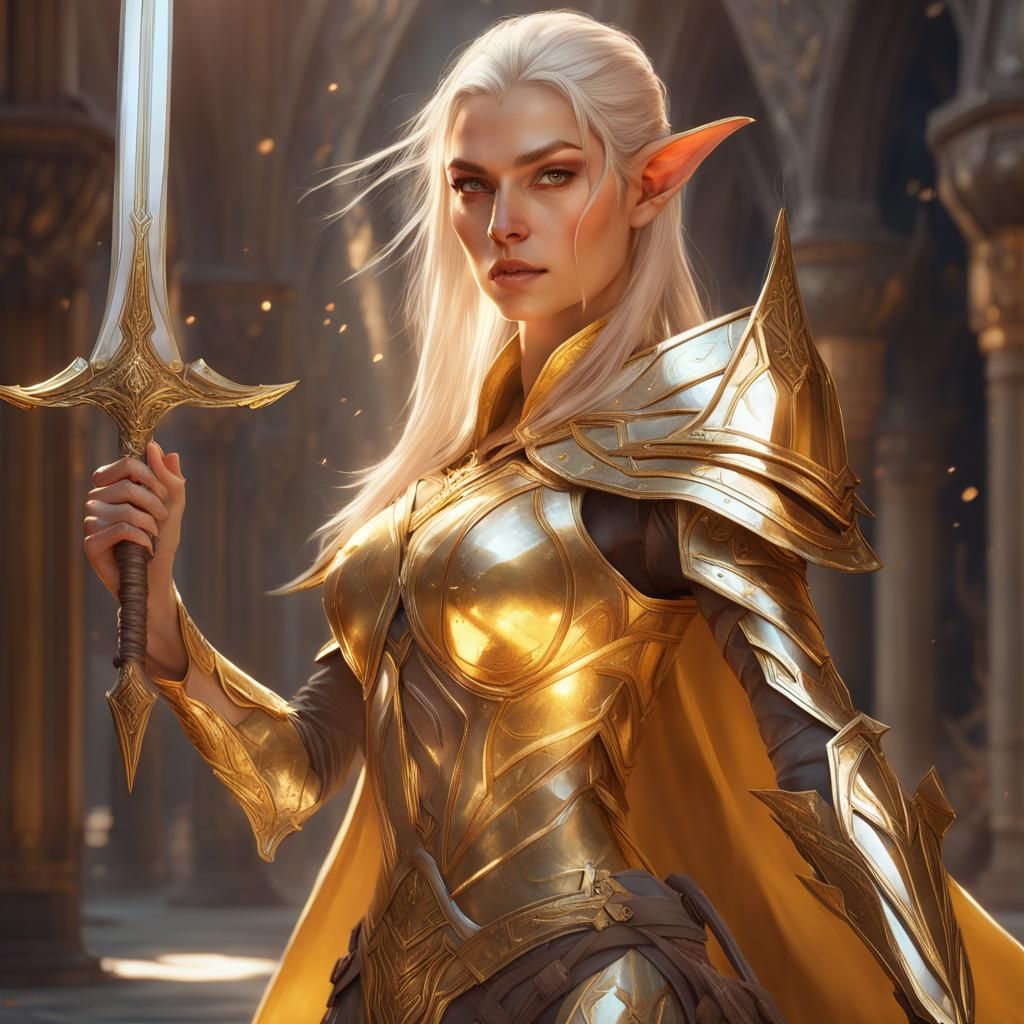 High Elf Warrior in Golden Armor, Fantasy Art