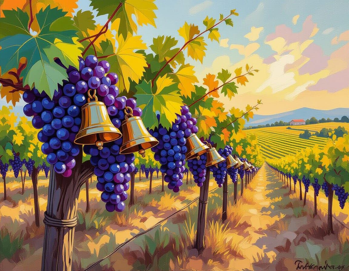 Bunches of tiny bells, hung on grapevines  in a vineyard, go...
