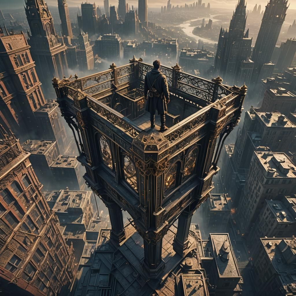 Man on Metalwork Above City: Digital Matte Painting