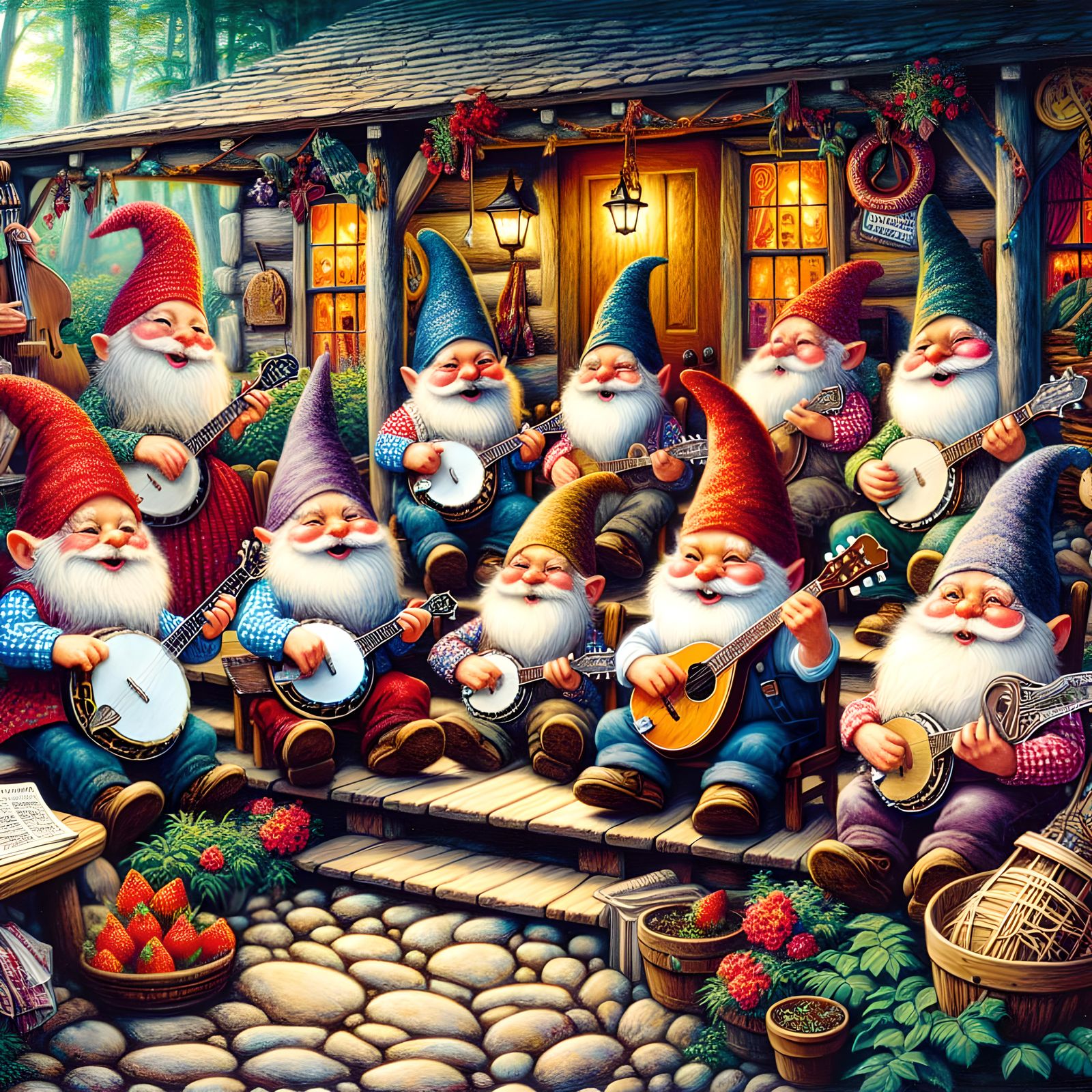 Garden Gnomes playing in an Appalachian bluegrass band, stan...