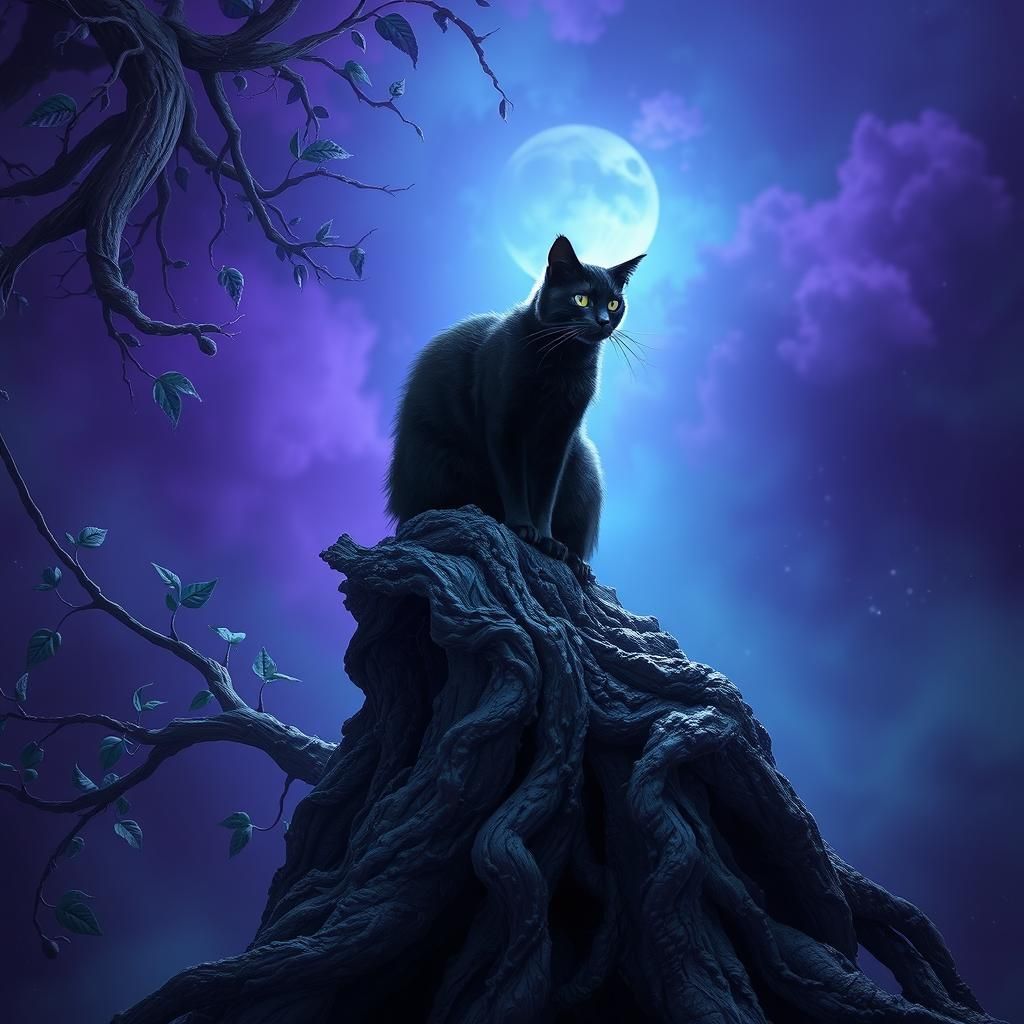 Mystical Black Cat in Fantasy Nightscape