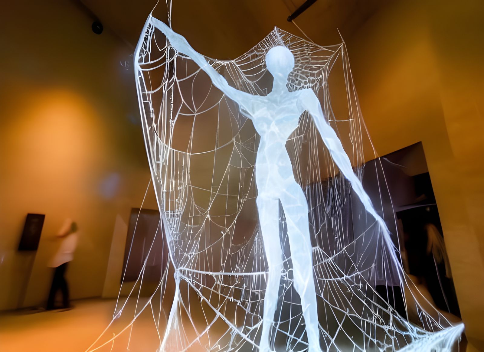 Opalescent Crystal Spiderweb Sculpture with Dreamy Lighting