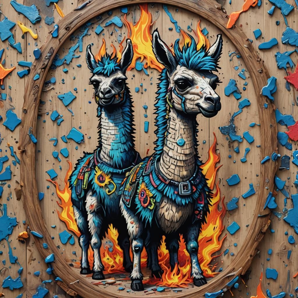 Two hyper realistic punk rock lamas with electric-blue mohaw...