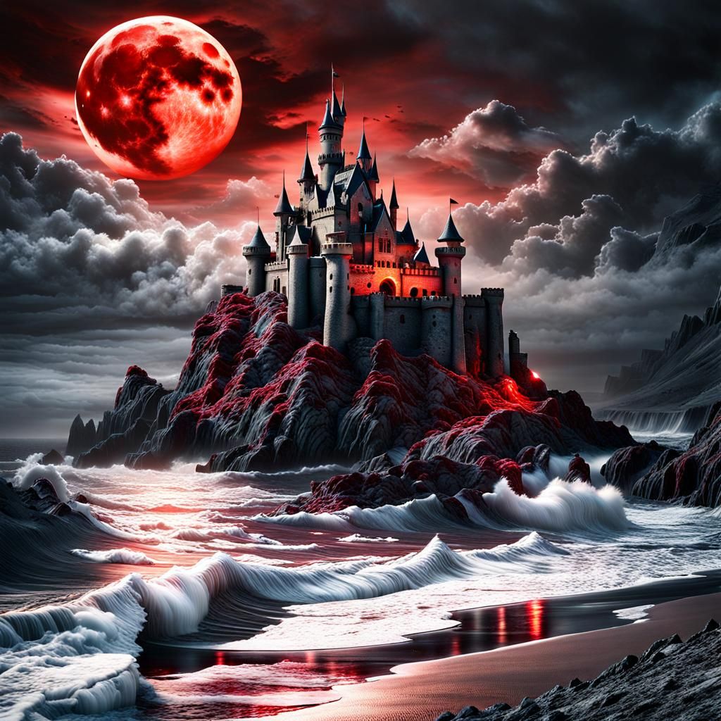 Eerie Castle Under Blood Moon at Night